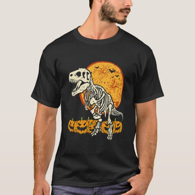 T-shirt Skeleton Dinosaur Trex Dino Pumpkins Moon Boys Hal (Devant)