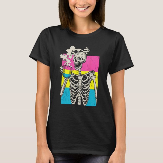 T-shirt Skeleton Drinking Coffee LGBT Q Pansexual Pride Pa (Devant)