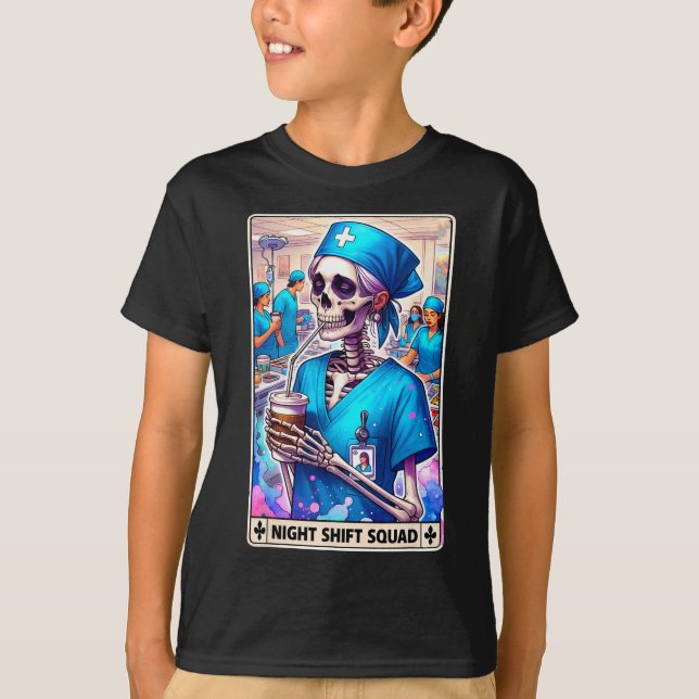 T-shirt Skeleton Funny Tarot Card Nuit Shift Squad Hallow (Devant)