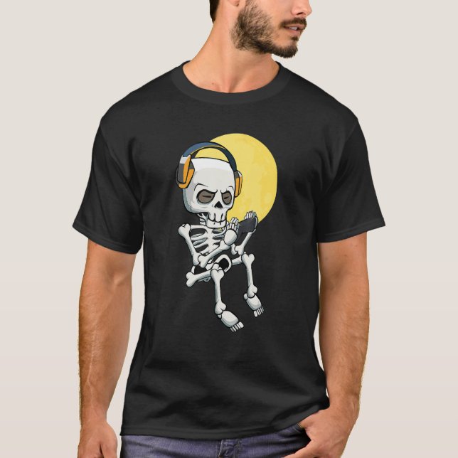 T-shirt Skeleton Gamer Lazy Halloween Costume Vidéo de jeu (Devant)