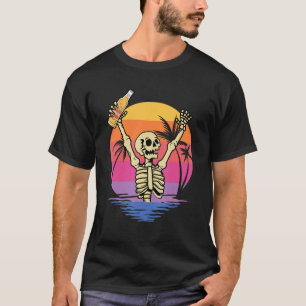 T-shirt Skeleton Hands Bière avec Sunset Retro Backg