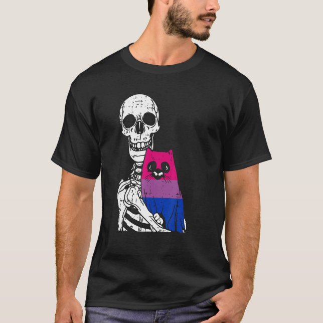 T-shirt Skeleton Holding A Cat Bisexual LGBT-Q Pride Rainb (Devant)