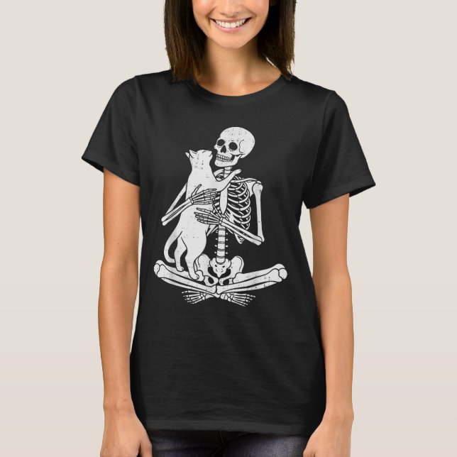 T-shirt Skeleton Holding Cat Funny Soky Halloween Meow Kit (Devant)