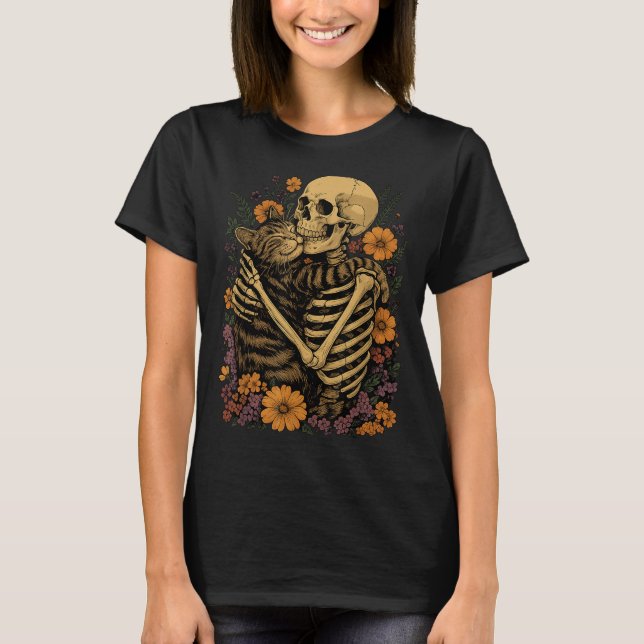 T-shirt Skeleton Hugging Cat Floral Halloween Cats Lover  (Devant)