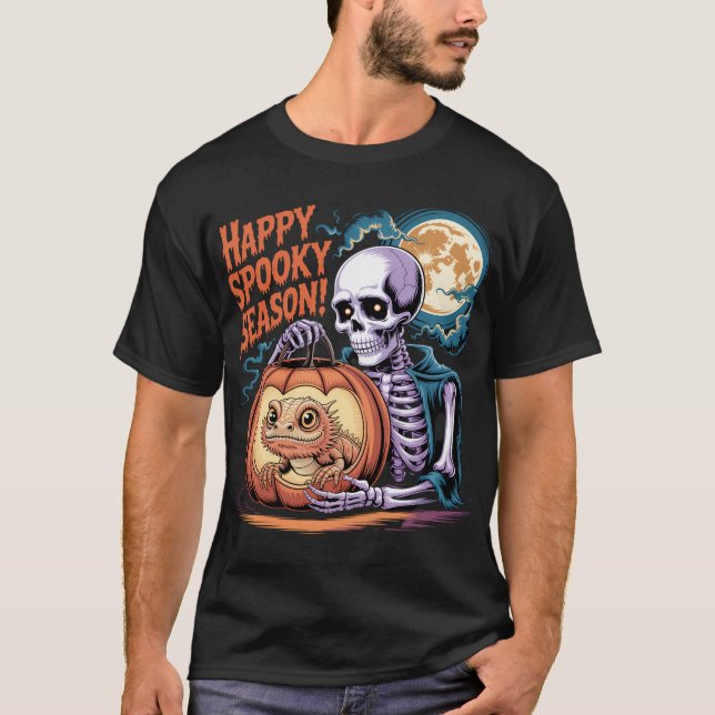 T-shirt Skeleton & Lizard Citrouille Halloween Art (Devant)