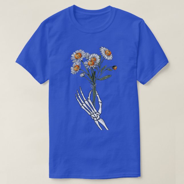 T-shirt Skeleton Main tenant Fleur Citrouille Funny Hallo (Design devant)