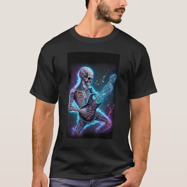 T-shirt skeleton playing electric guitar in space (Devant)