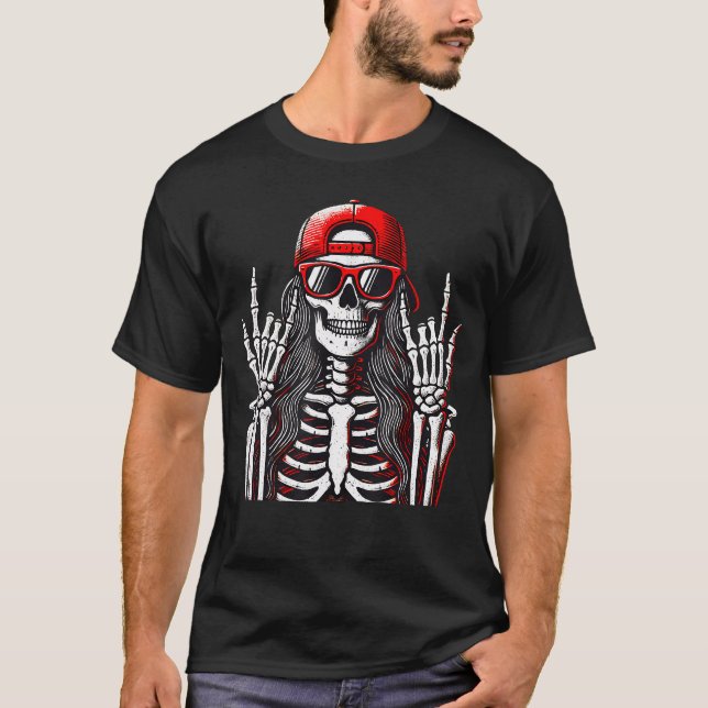 T-shirt Skeleton Rebel Rock Hand Sign Goth Punk Emo Rockn  (Devant)