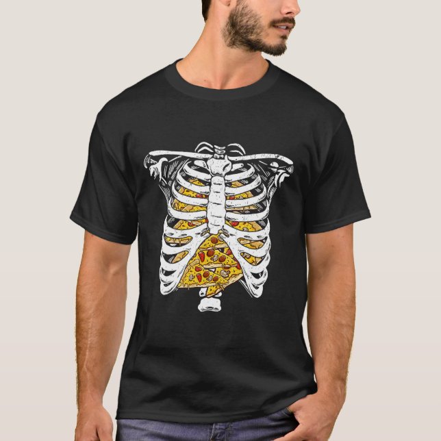 T-shirt Skeleton Rib Cage Avec Pizzas Joyeux Halloween Jou (Devant)
