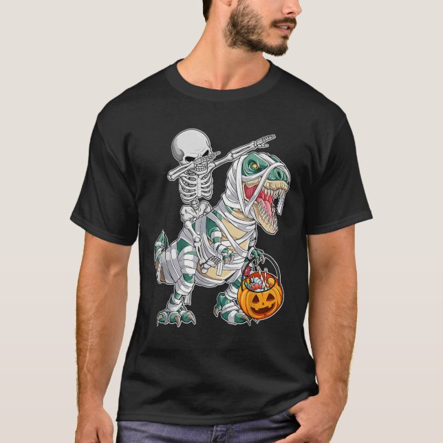 T-shirt Skeleton Riding Dancing Dab Dinosaur Trex Hallowee (Devant)
