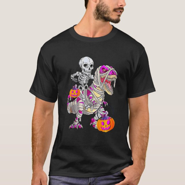 T-shirt Skeleton Riding Mummy Dinosaur Rex Halloween  Pump (Devant)