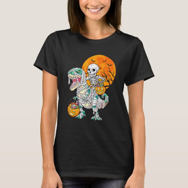 T-shirt Skeleton Riding Mummy Dinosaur Rex Halloween  Pump (Devant)
