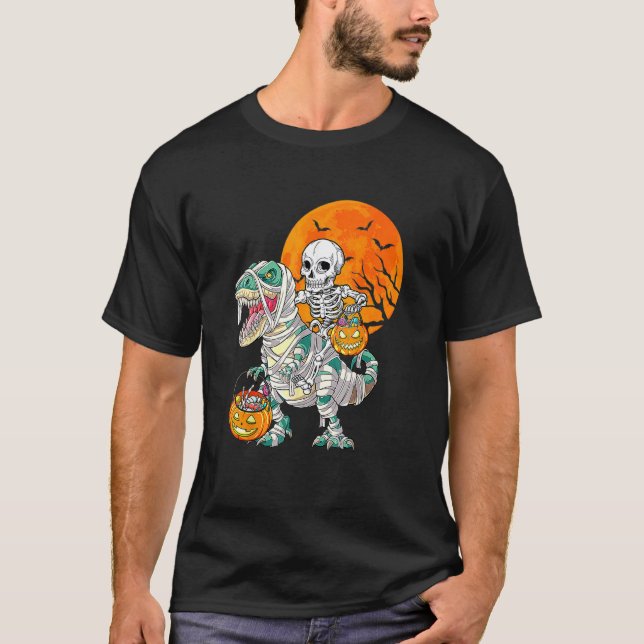 T-shirt Skeleton Riding Mummy Dinosaur Rex Halloween  Pump (Devant)