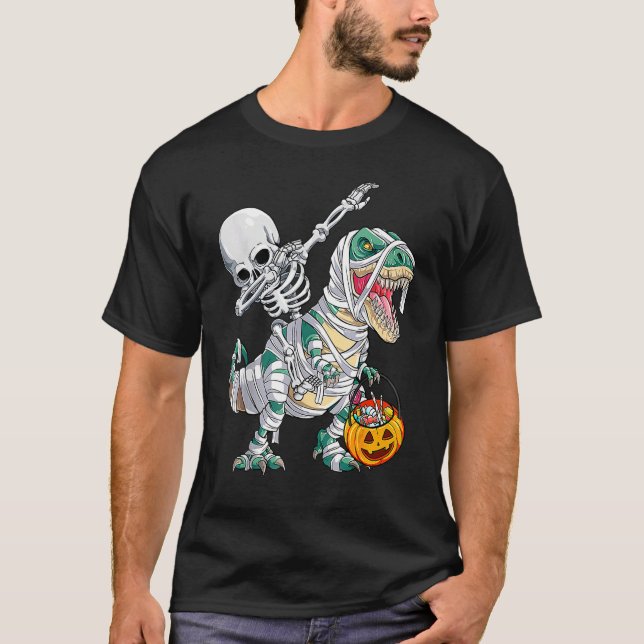 T-shirt Skeleton Riding Mummy Dinosaur Rex Halloween  Pump (Devant)