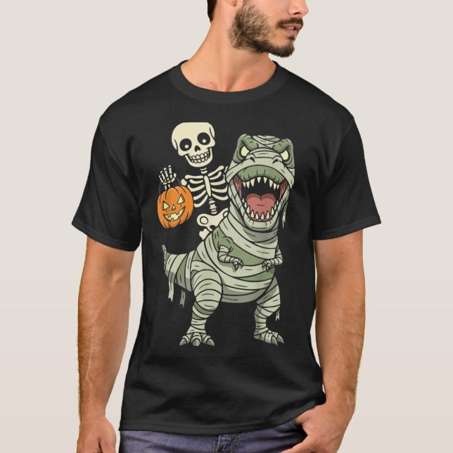 T-shirt Skeleton Riding Mummy Dinosaur T Rex Halloween Fun (Devant)