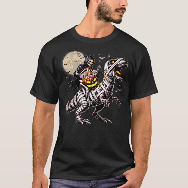 T-shirt Skeleton Riding Mummy Dinosaur T Rex Pumpkin Funny (Devant)