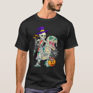T-shirt Skeleton Riding Rex Dinosaur Pumpkin Halloween Ki