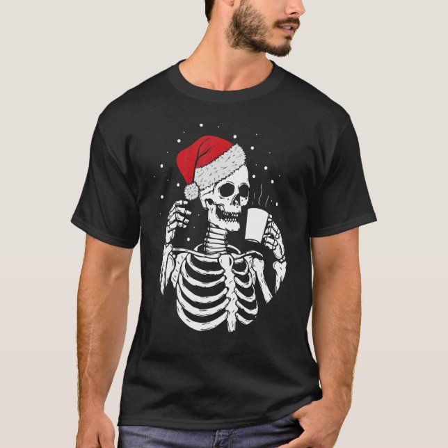 T-shirt Skeleton Santa Hat Drinking Coffee Christmas (Devant)