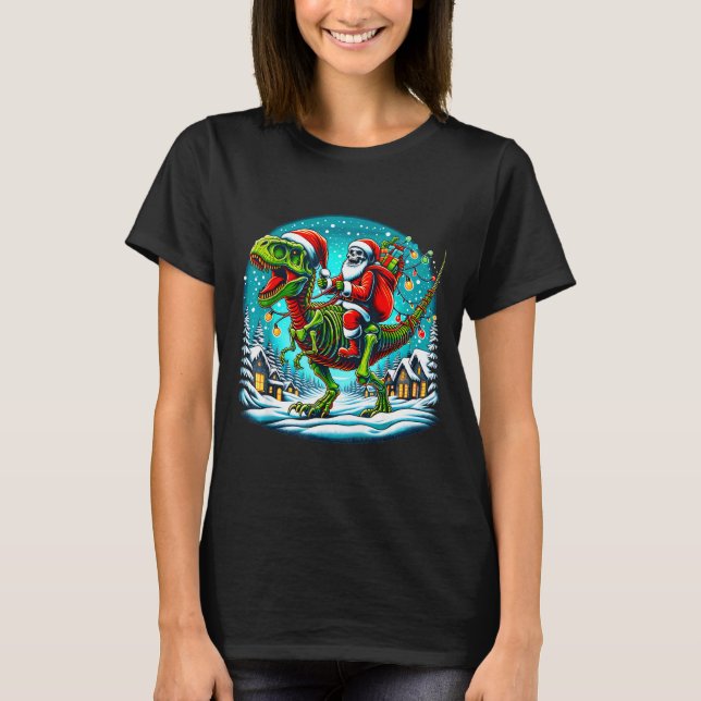 T-shirt Skeleton Santa Riding T Rex Dinosaur Funny Christm (Devant)