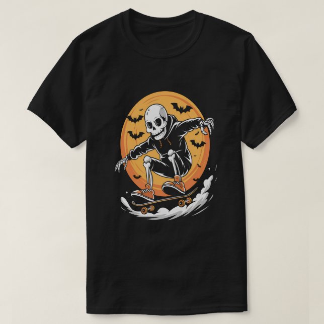 T-shirt Skeleton Skateboard amusant sous Pleine lune Hallo (Design devant)