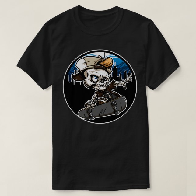 T-shirt Skeleton Skateboard Skyline T (Design devant)