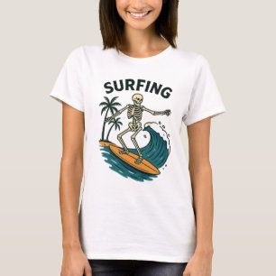 T-shirt Skeleton Surfing Retro Beach Wave Design