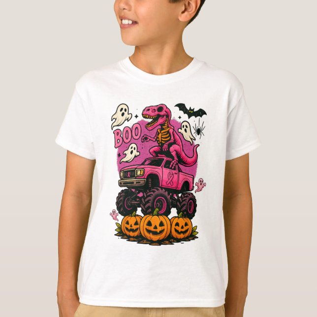 T-shirt Skeleton T Rex Dinosaur Monster Truck Citrouille B (Devant)