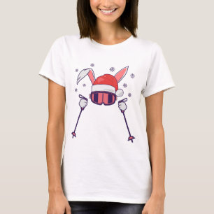 T-shirt Ski Père Noël Rabbit avec Santa Hat et bâtons de s