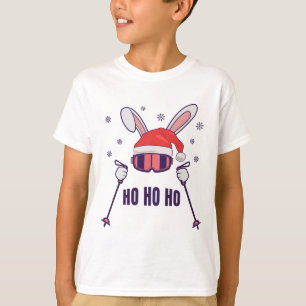 T-shirt Ski Père Noël Rabbit avec Santa Hat et bâtons de s