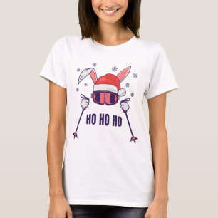 T-shirt Ski Père Noël Rabbit avec Santa Hat et bâtons de s