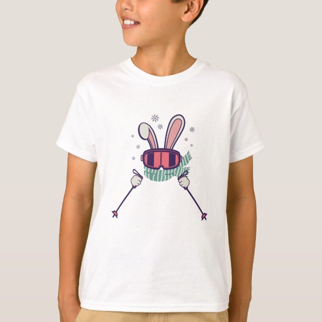 T-shirt Ski Rabbit avec bâtons de ski et lunettes de ski (Devant)