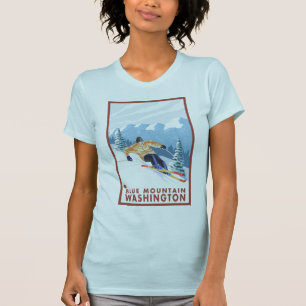 T-shirt Skieur de neige de Downhhill - montagne bleue,