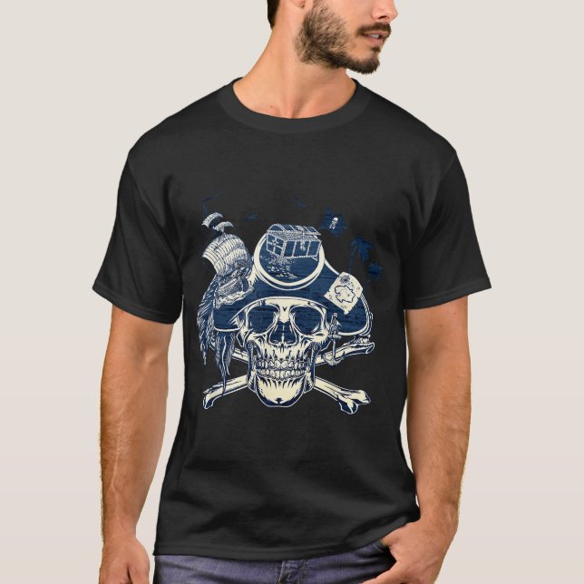 T-shirt Skull And Crossbones Pirate Ship Jolly Roger Flag  (Devant)