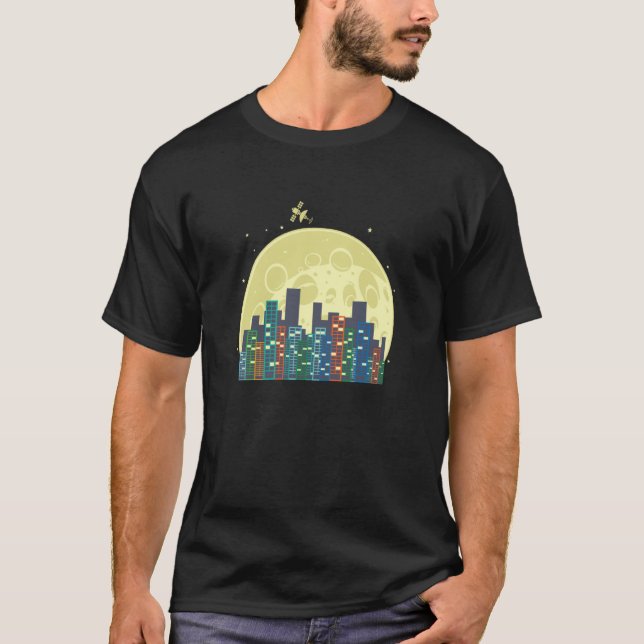 T-shirt Skyline in front of Moon and Satellite Building Ci (Devant)
