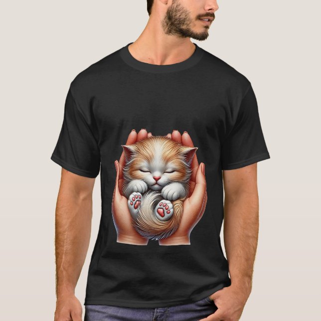 T-shirt Sleeping Kitten Cradled in Hands Tiny Fluffy Cat  (Devant)