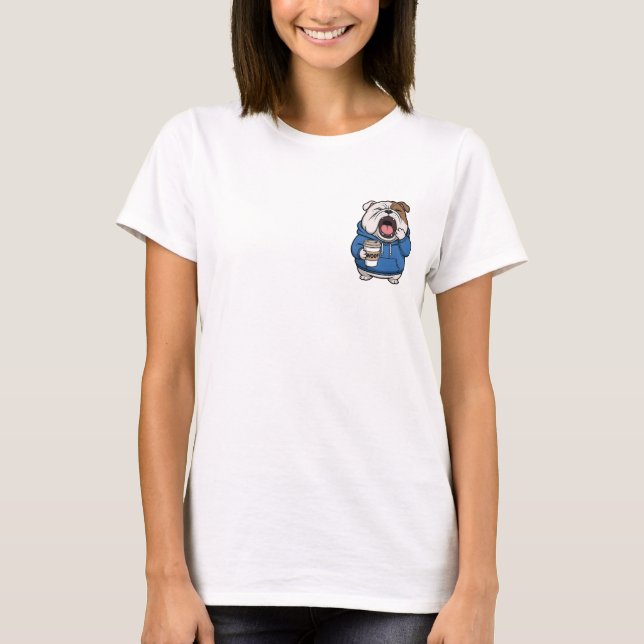 T-shirt Sleepy Bulldog Yawning with Woof Coffee Cup in Blu (Devant)