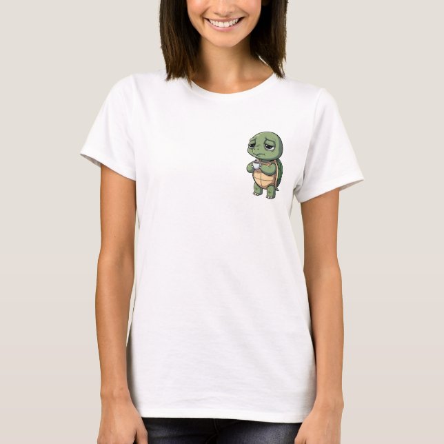 T-shirt Sleepy Turtle Holding a Hot Cup of Coffee (Devant)
