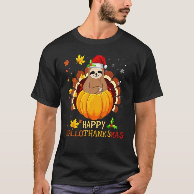 T-shirt Sloth Halloween And Merry Christmas Happy Hallotha (Devant)