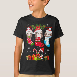 T-shirt Sloth Noël Sock Sloth Santa Hat Lights Noël T