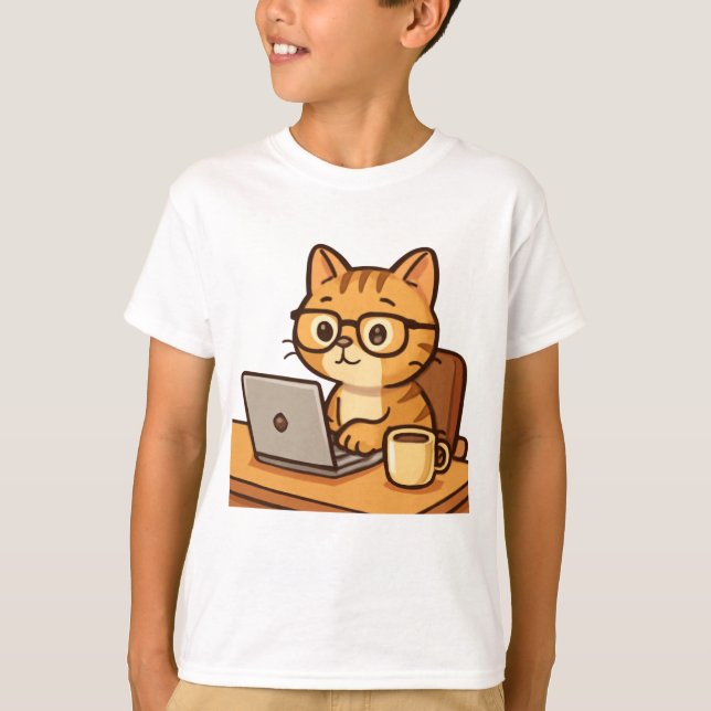 T-shirt Smart Cat Working from Home Illustration (Devant)