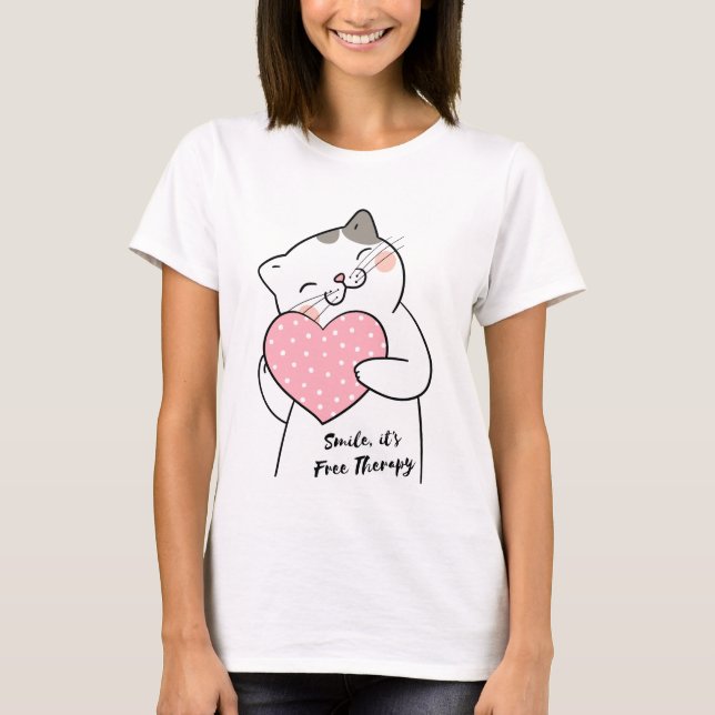 T-shirt Smile Cute Kawaii Chat tenant le Coeur Rose (Devant)