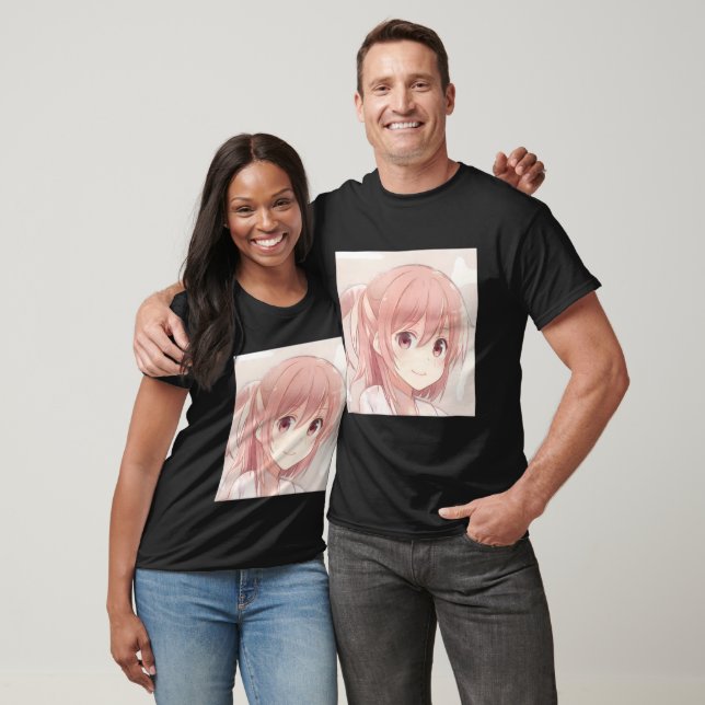 T-shirt Smiling cheveux rose anime fille yeux rose manga T (Unisexe)