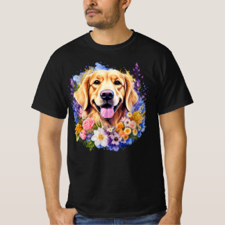 T-shirt Smiling Golden Retriever Lavender Bouquet
