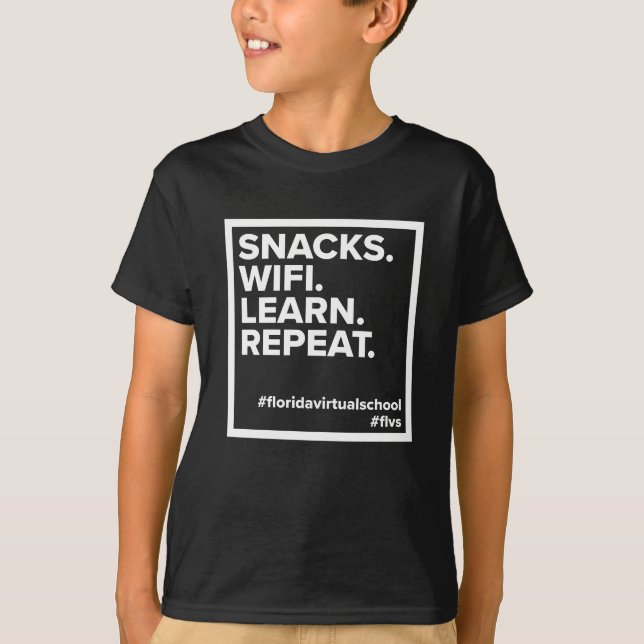 T-shirt Snacks FLVS. WiFi. Apprenez. Répéter, Noir (Devant)