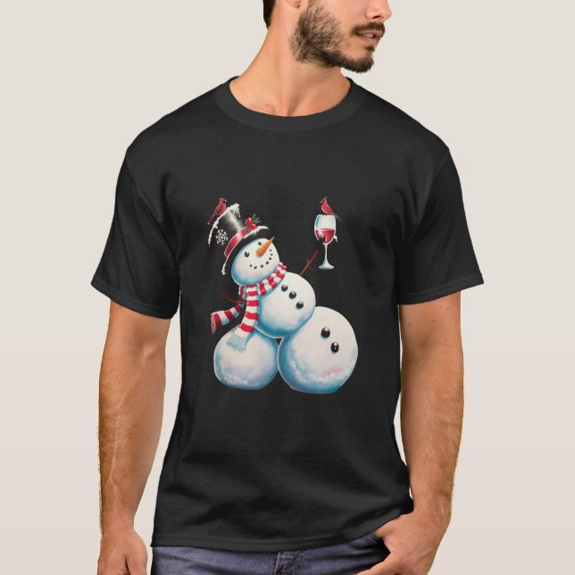 T-shirt Snowman Avec Vin Noël Drôle Noël Cadeau de Noël (Devant)