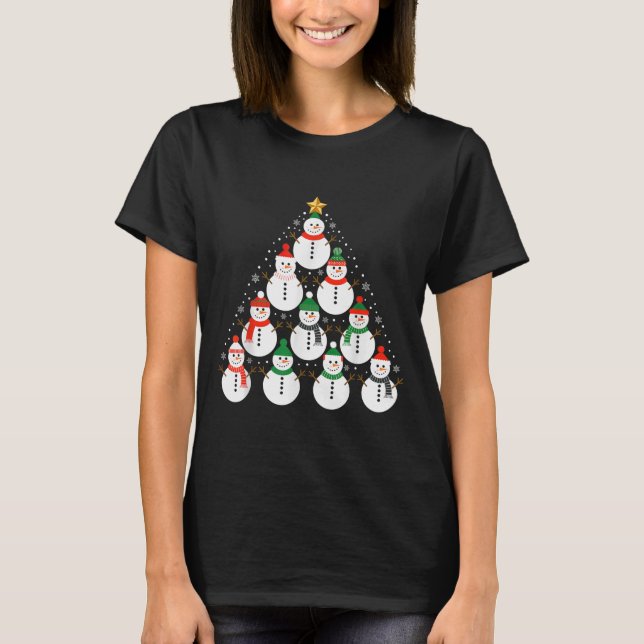 T-shirt Snowman Christmas Tree Lights Santa Hat Family Xma (Devant)