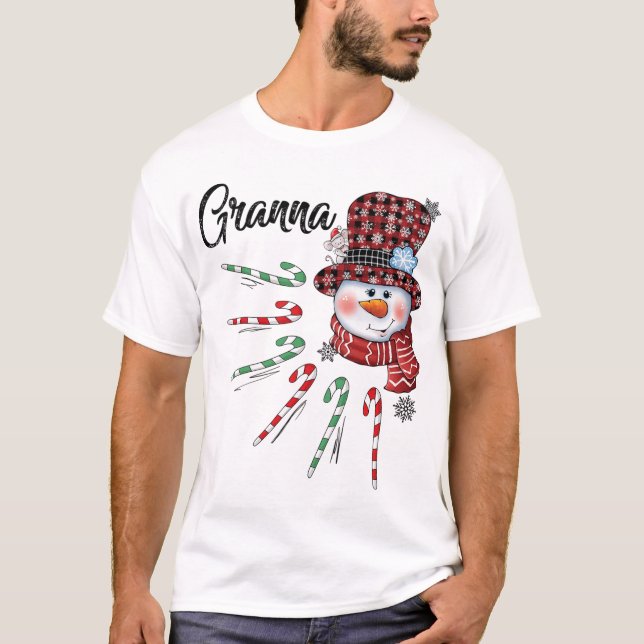 T-shirt Snowman Granna Sucre de canne Rouge Plaid Noël (Devant)