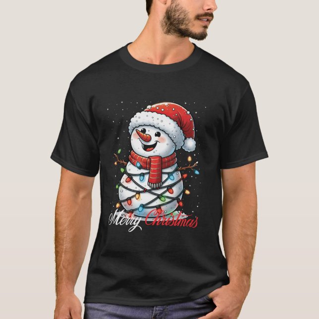 T-shirt Snowman Joyeux Noël Lumières Santa Chapeau Noël Ne (Devant)