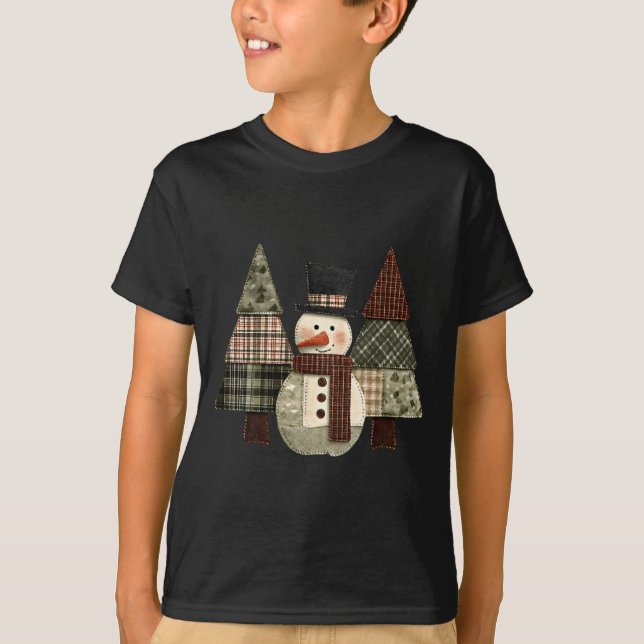 T-shirt Snowman Trees Patchwork Plaid Trees Rustic Christm (Devant)