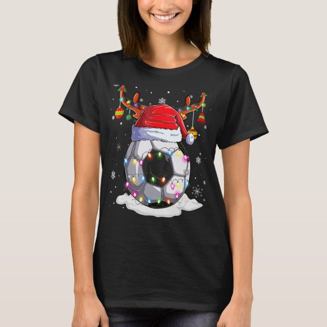 T-shirt Soccer Ball Santa Hat Reindeer Christmas Lights Bo (Devant)